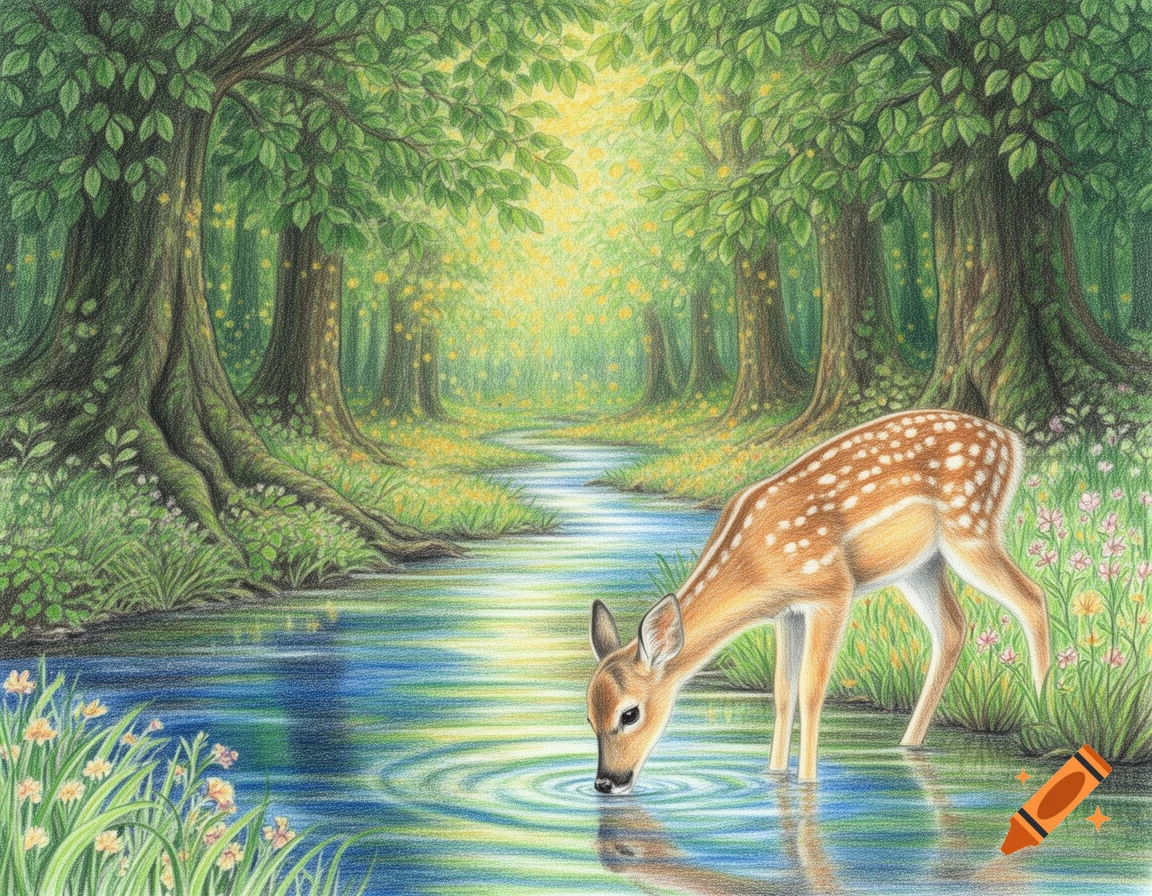 A realistic colored pencil drawing of a spotted fawn drinking from a stream in a lush green forest with sunlight filtering through trees.