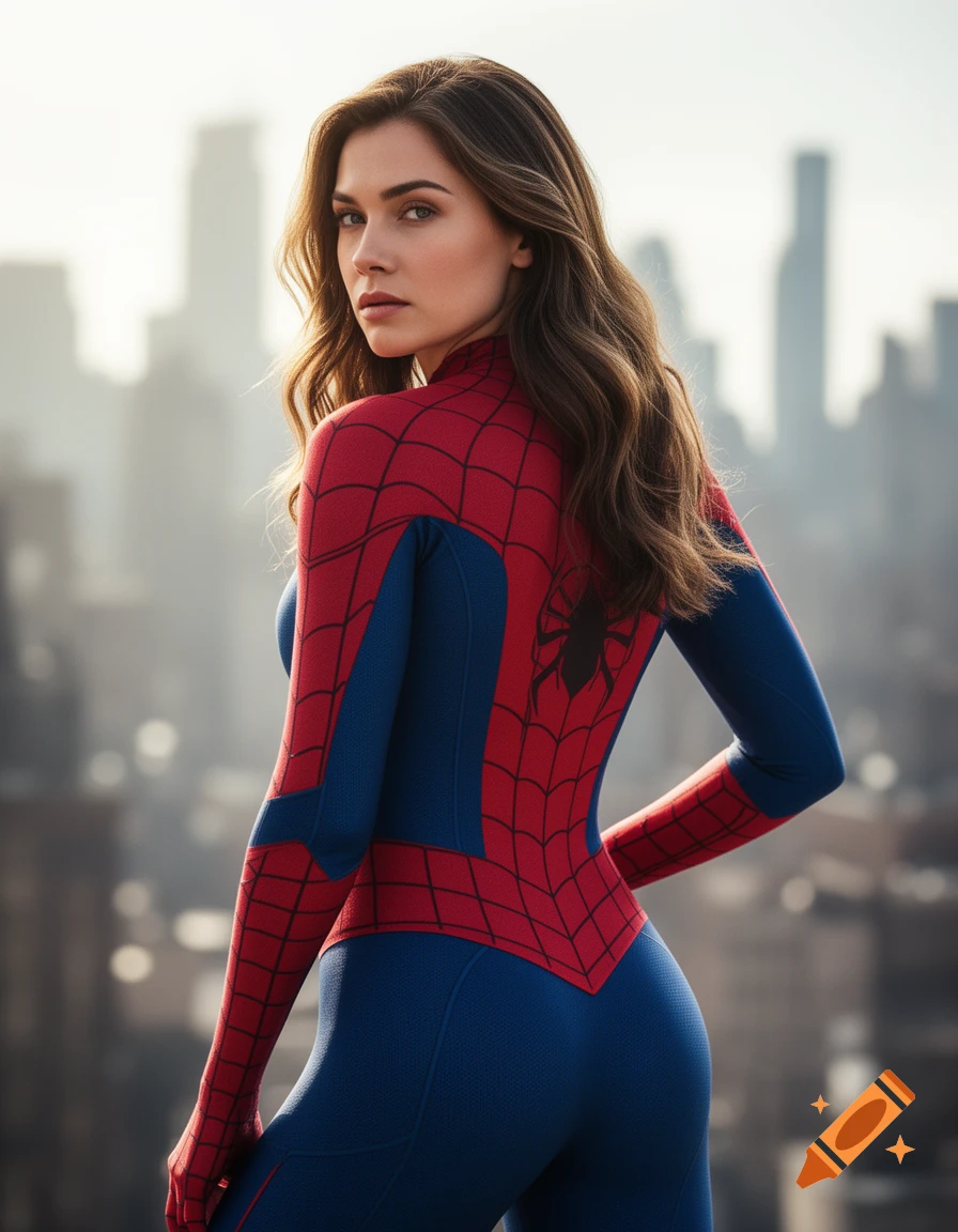 Photorealistic image of a woman in a red and blue Spider-Man costume, looking over her shoulder with a city skyline.