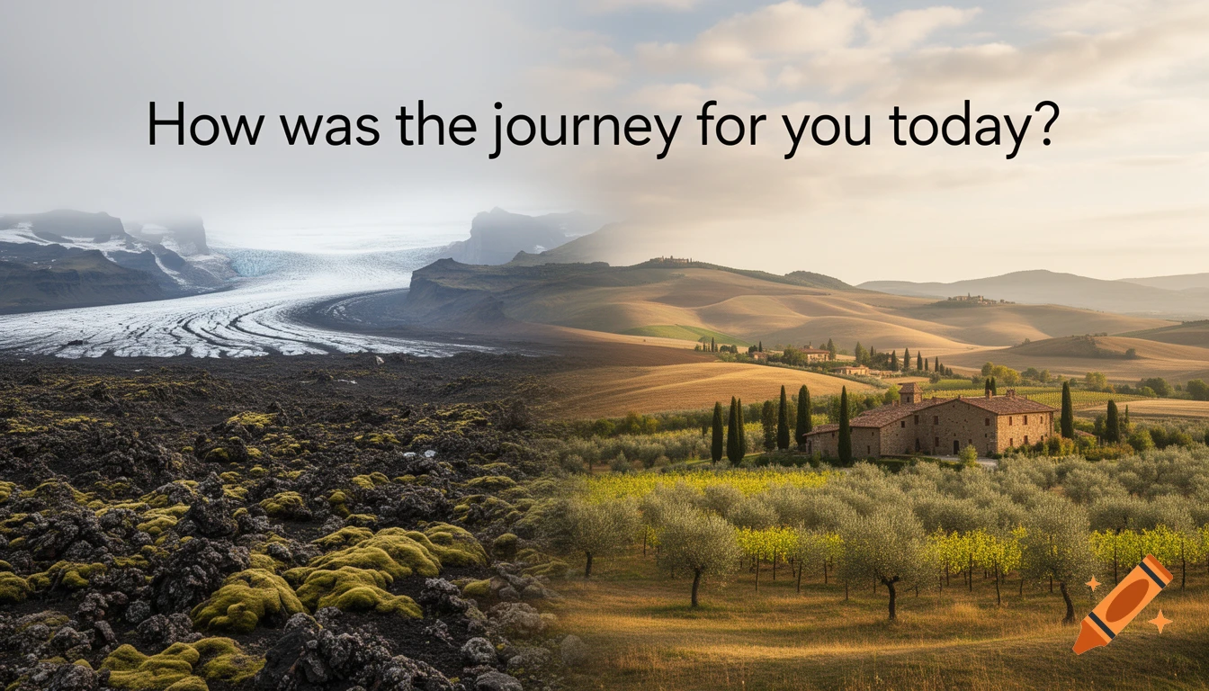 A split image showing a glacial landscape on the left and a sunny Tuscan countryside with a farmhouse on the right, with text asking 'How was the journey for you today?'