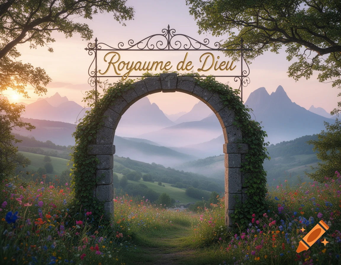 A stone archway covered in vines leads to a misty valley with mountains and a field of wildflowers at sunset. A sign above reads 'Royaume de Dieu'.