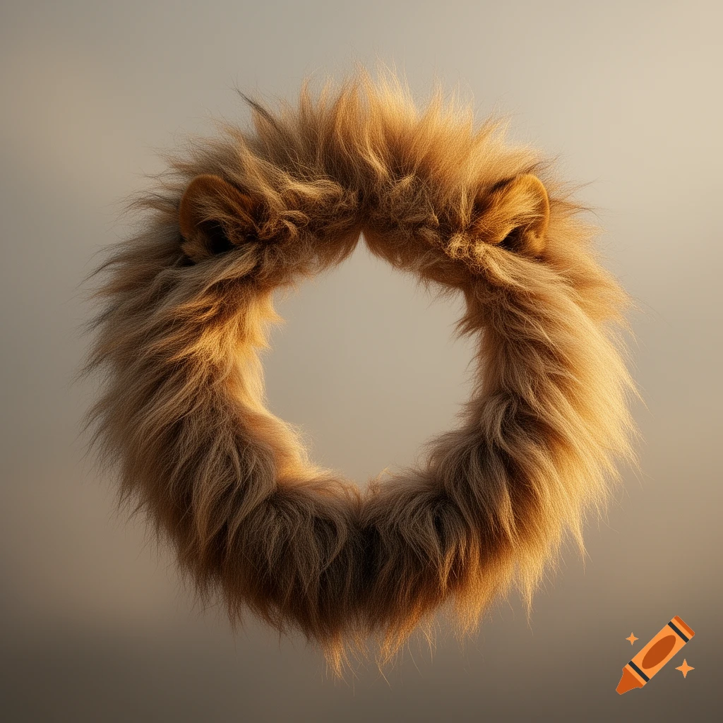 A photorealistic golden-brown lion's mane forms an open ring, floating against a light, hazy background, with two small ears visible at the top.