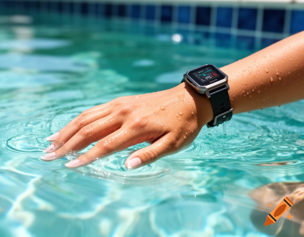 Close-up of a hand wearing a fitness smartwatch, touching the surface of clear blue pool water, creating ripples.