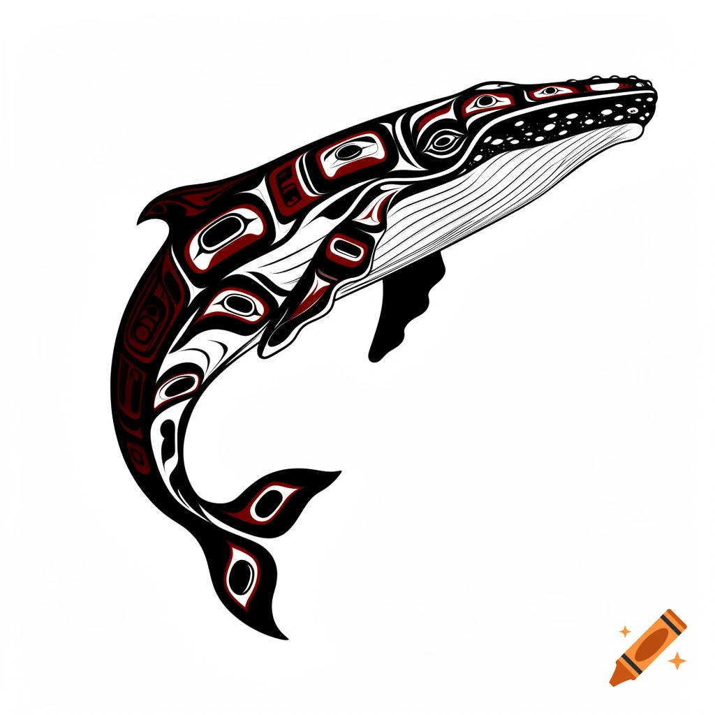 A whale rendered in traditional black, red, and white Haida art style, swimming upwards.