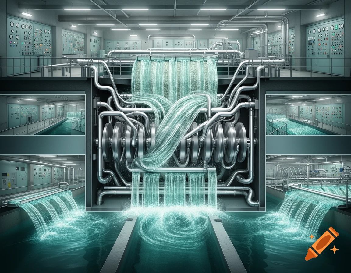 A detailed view inside a water treatment plant with a complex system of pipes, mechanical parts, and multiple waterfalls flowing into basins.