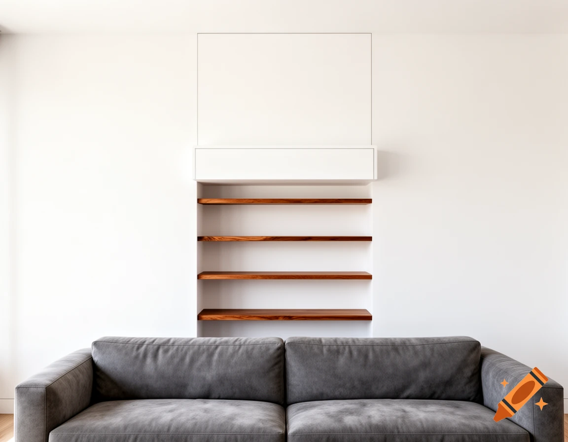 A minimalist living room with a grey sofa facing a white wall featuring built-in wooden shelves.