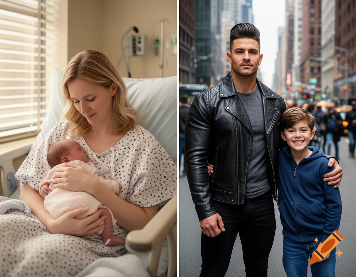 A diptych. Left: A blonde woman in a hospital gown holding a newborn baby. Right: A muscular man with a pompadour and a young boy on a city street.