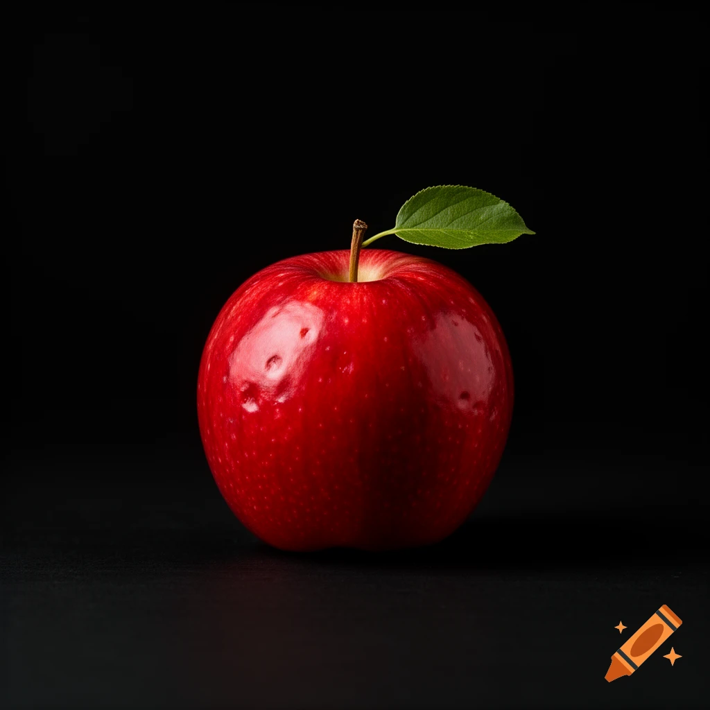 A shiny red apple with a green leaf and a stem sits on a black background, with studio lighting.