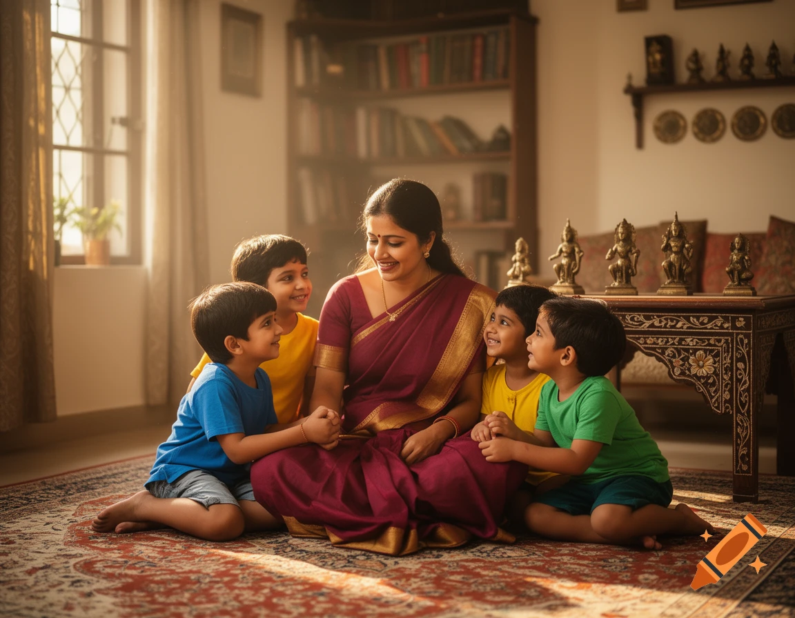 A smiling Indian mother in a maroon sari sits on a patterned rug, surrounded by four young boys in a sunlit room, photorealistic.