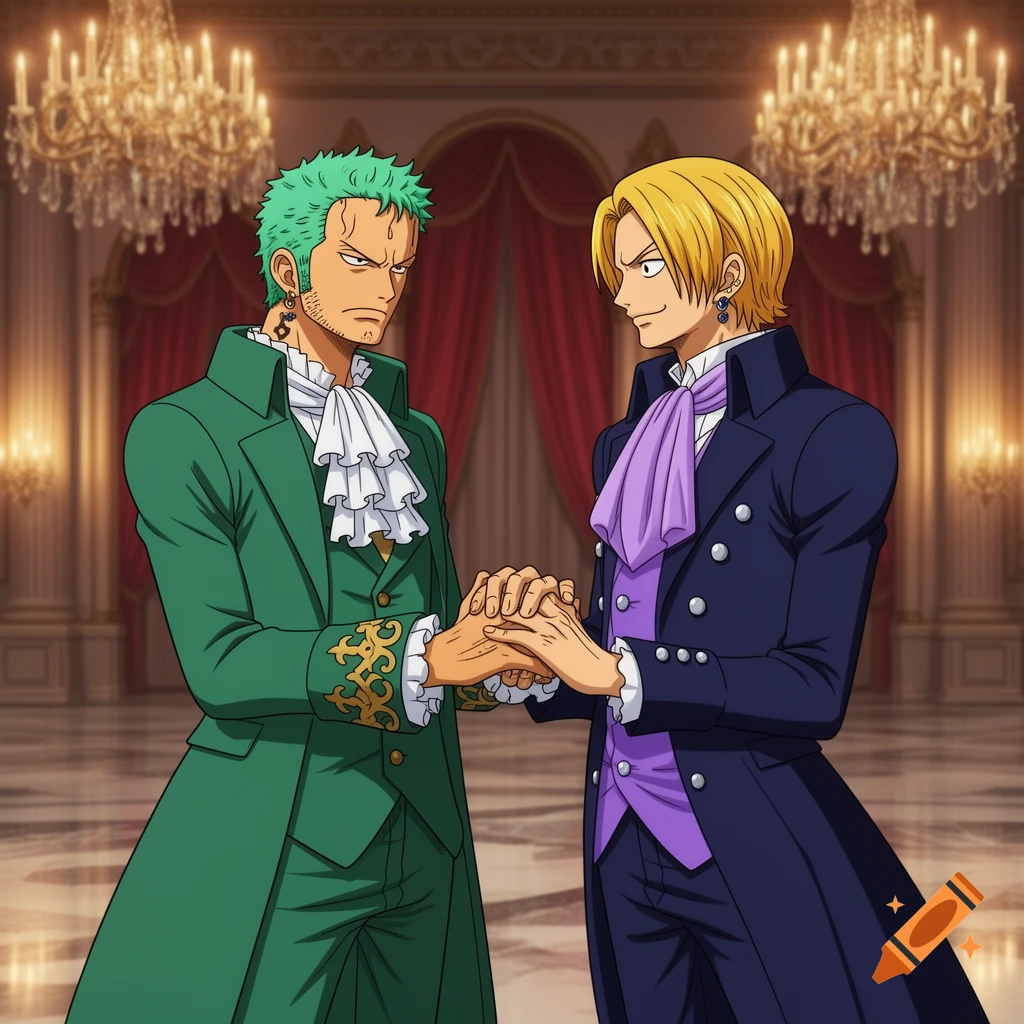 Anime-style illustration of Zoro and Sanji from One Piece, dressed in green and purple regency-era formal wear, holding hands in a grand ballroom.