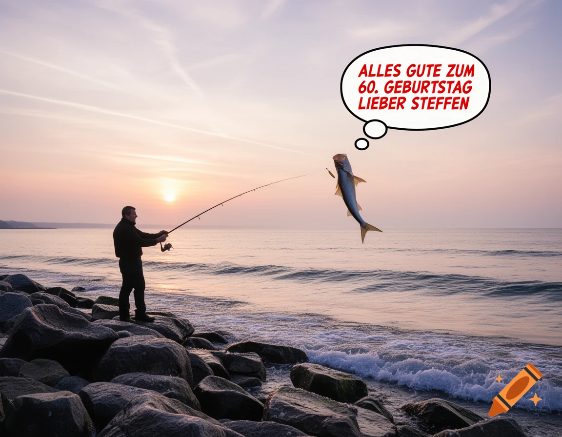 A man fishes on a rocky beach at sunset, with a fish leaping from the water and a thought bubble saying "ALLES GUTE ZUM 60. GEBURTSTAG LIEBER STEFFEN".