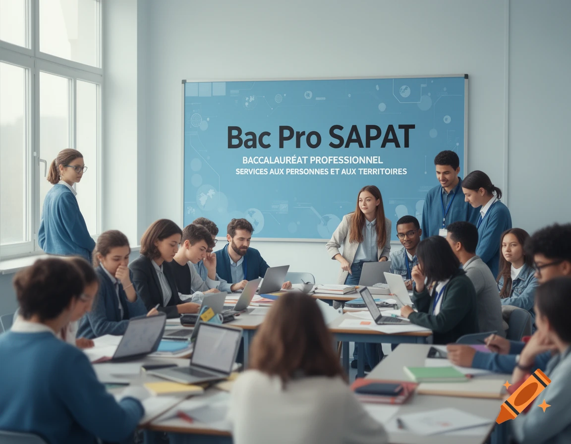 A diverse group of students and a teacher in a classroom with 'Bac Pro SAPAT' on a whiteboard.