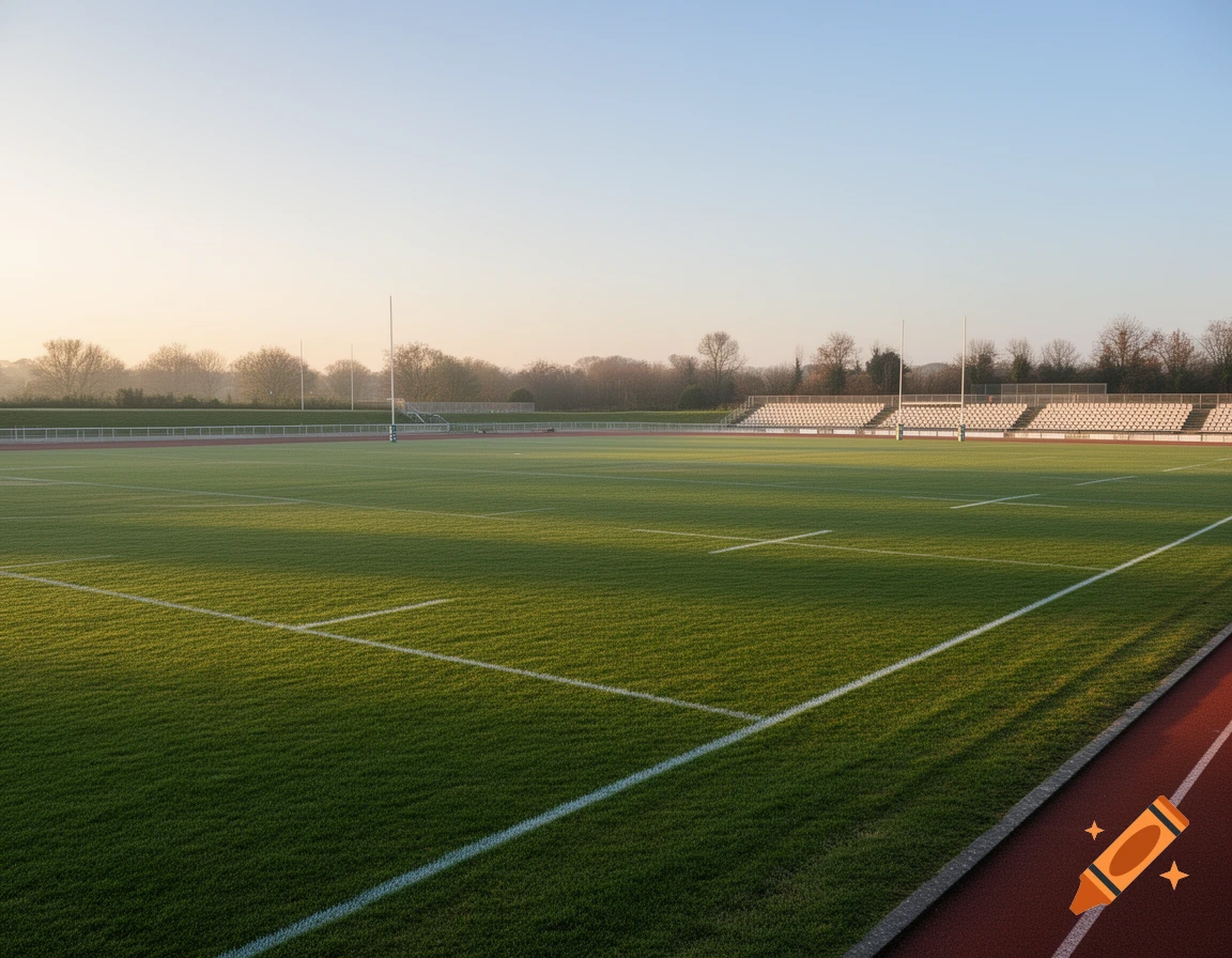 A clear view of a well-maintained green rugby field with white lines, goalposts, and empty spectator stands under a pale blue sky.