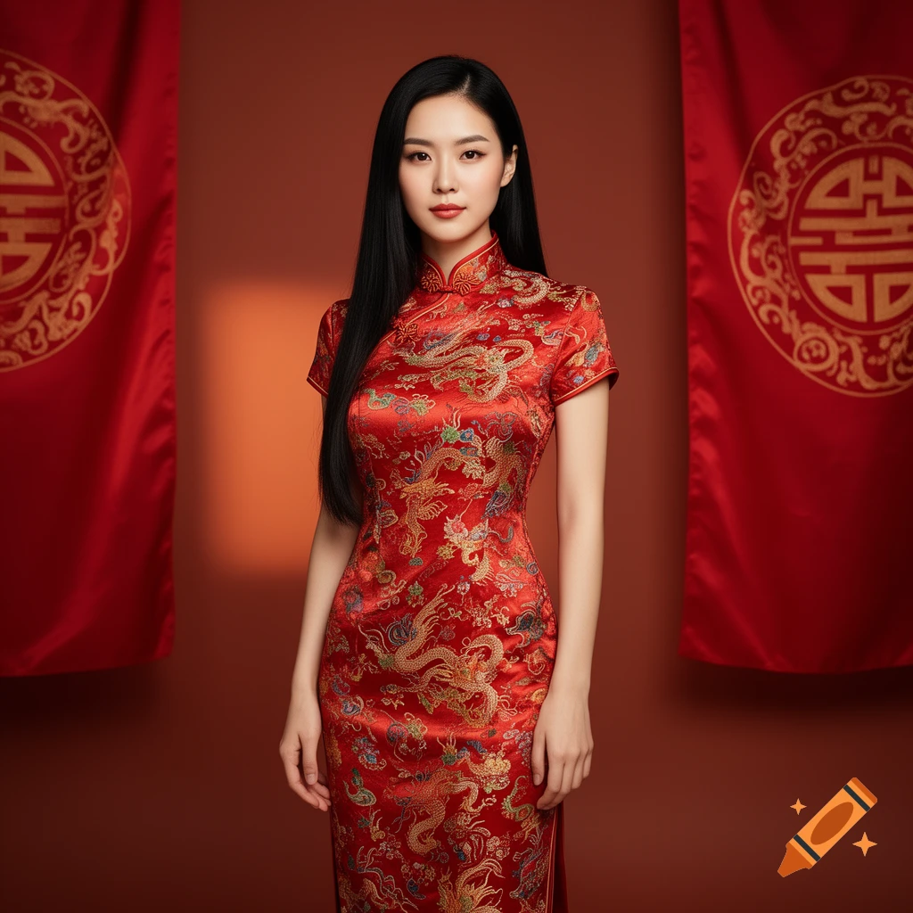 A beautiful Asian woman in a red cheongsam with gold dragon embroidery stands between two red banners with traditional Chinese symbols.