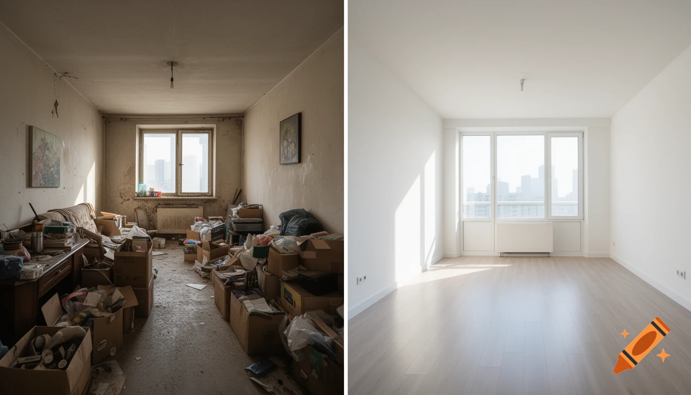 Split-screen image showing a dramatic before and after of an apartment, from cluttered and dirty to clean, empty, and bright.