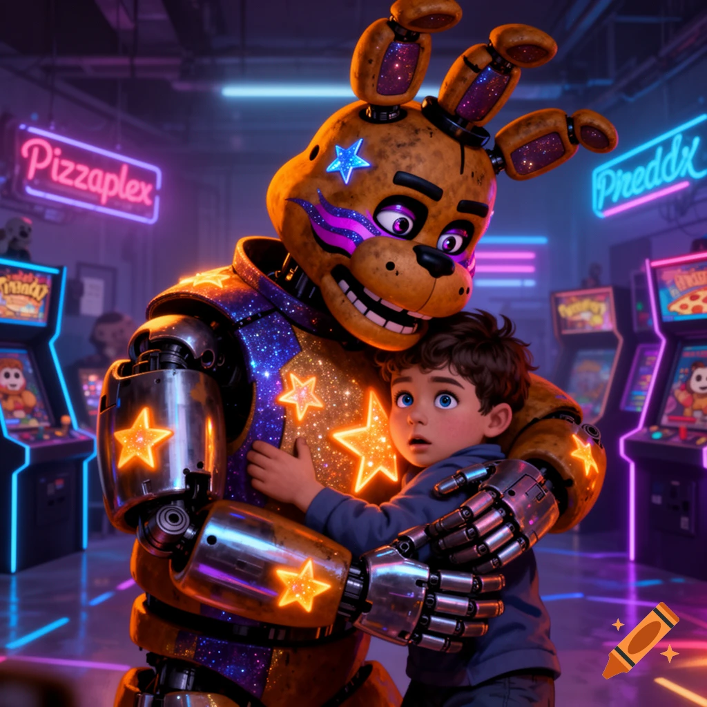 A large, glittery Glamrock Freddy animatronic robot with glowing stars hugs a small, wide-eyed boy in a neon-lit arcade with signs for "Pizzaplex" and "Preddx".