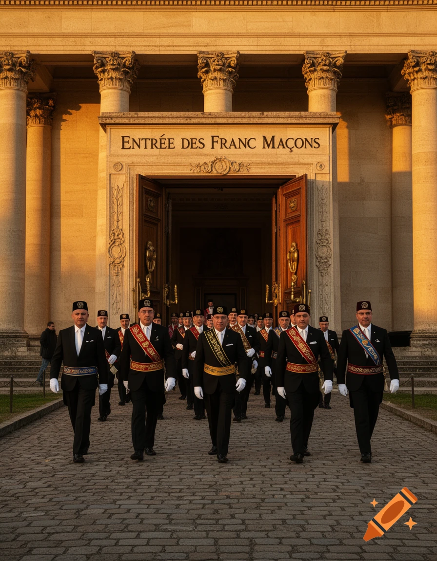 A line of men in formal black suits with sashes and fez-like hats walk out from a grand building with columns and the text "ENTRÉE DES FRANC MAÇONS" above the doors.