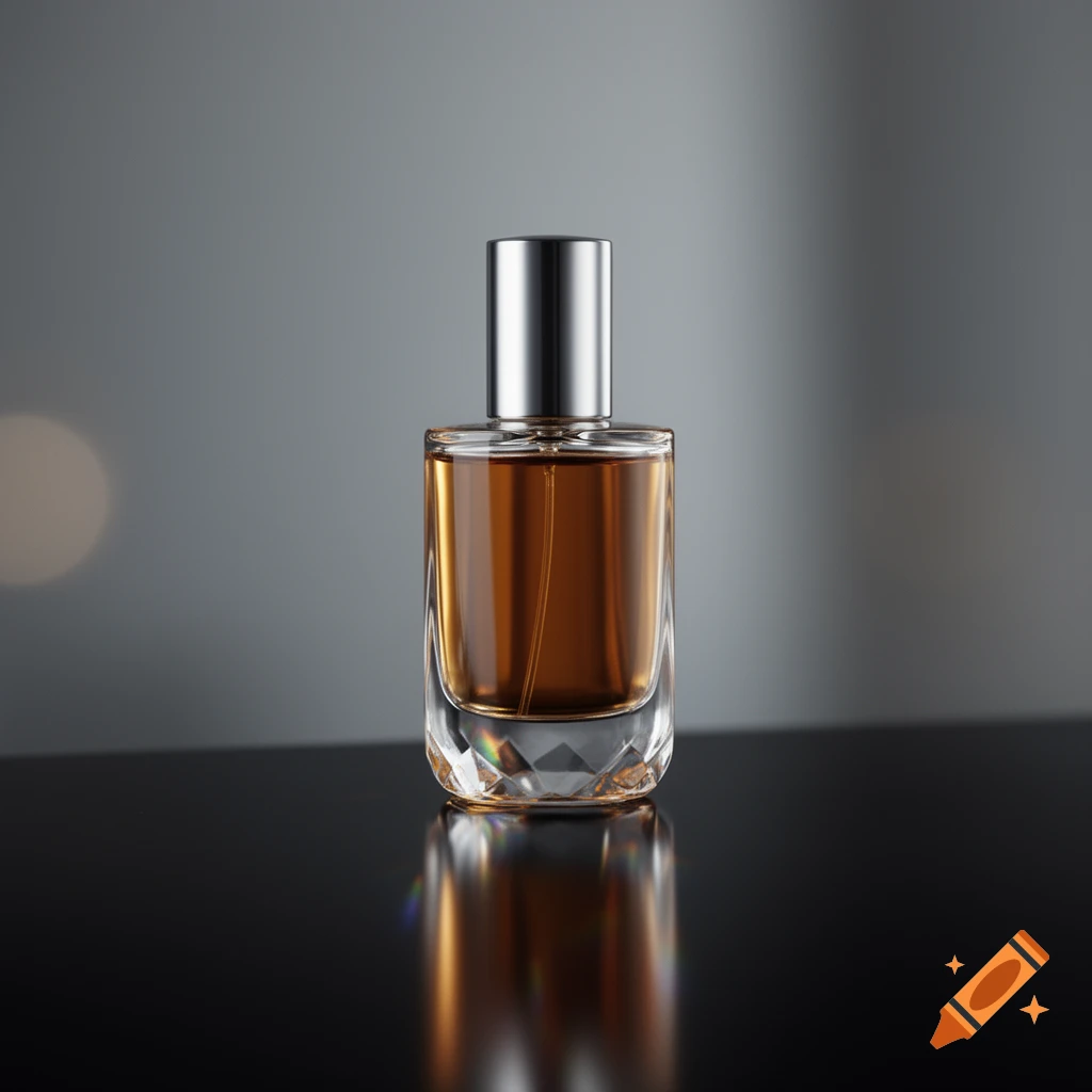 A photorealistic perfume bottle with amber liquid and a silver cap sits on a reflective black surface against a gray background.