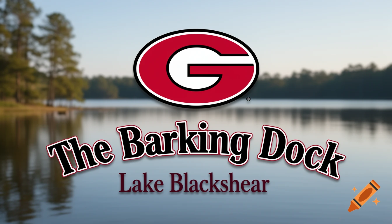 Georgia Bulldogs G logo and text 'The Barking Dock Lake Blackshear' over a blurred lake and forest background.