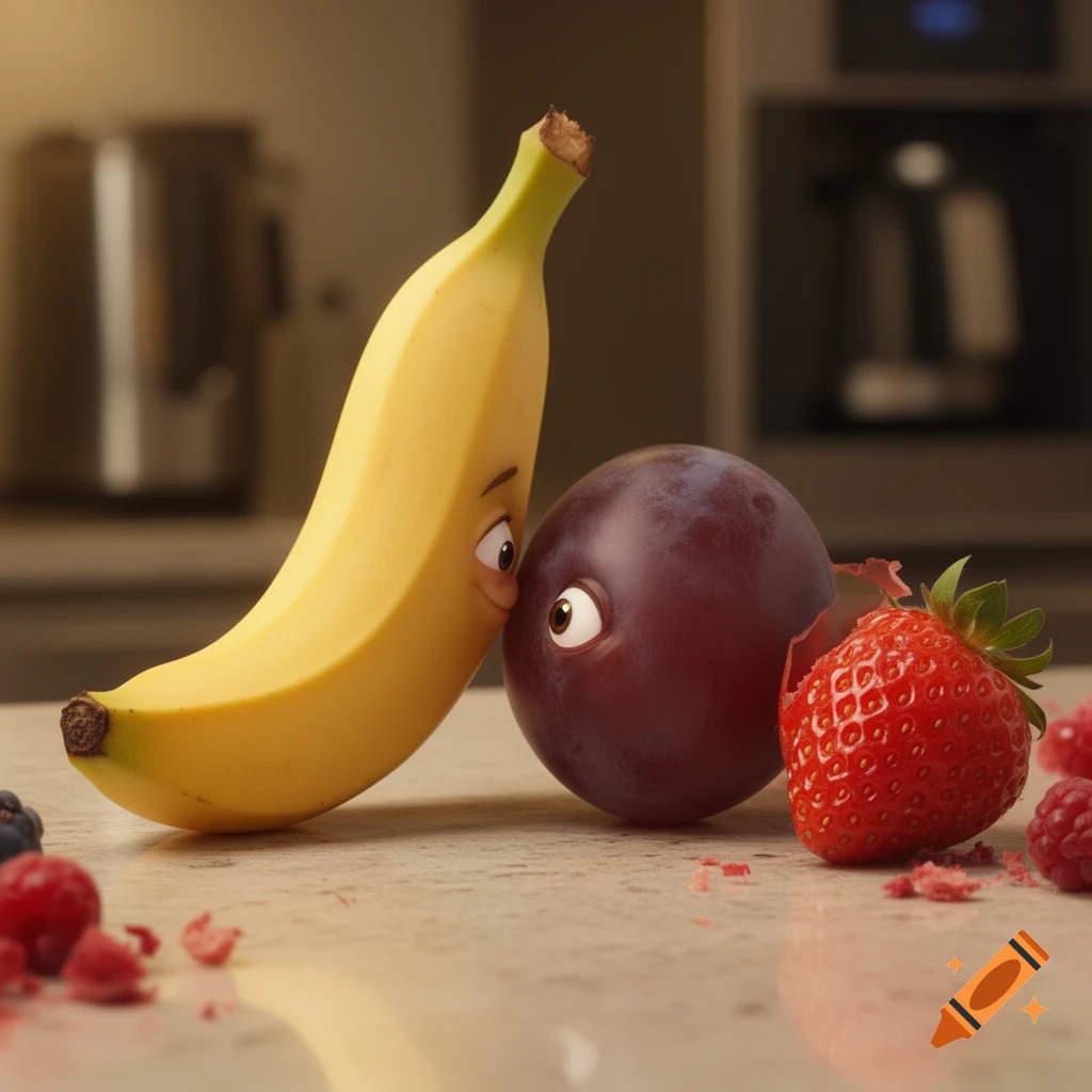 An anthropomorphic banana and plum with cartoon faces are nose-to-nose on a kitchen counter, while a sad, broken strawberry sits nearby.