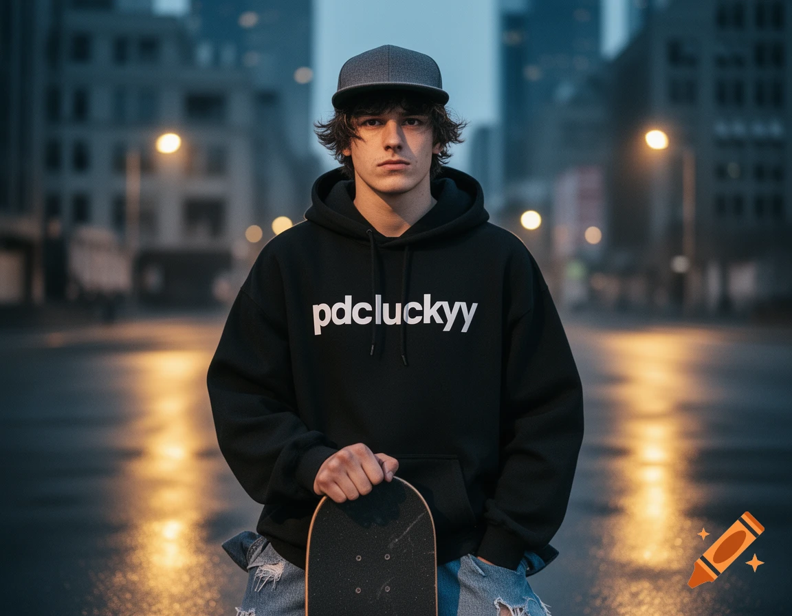 Young man in black hoodie and cap holding a skateboard on a wet urban street at dusk.