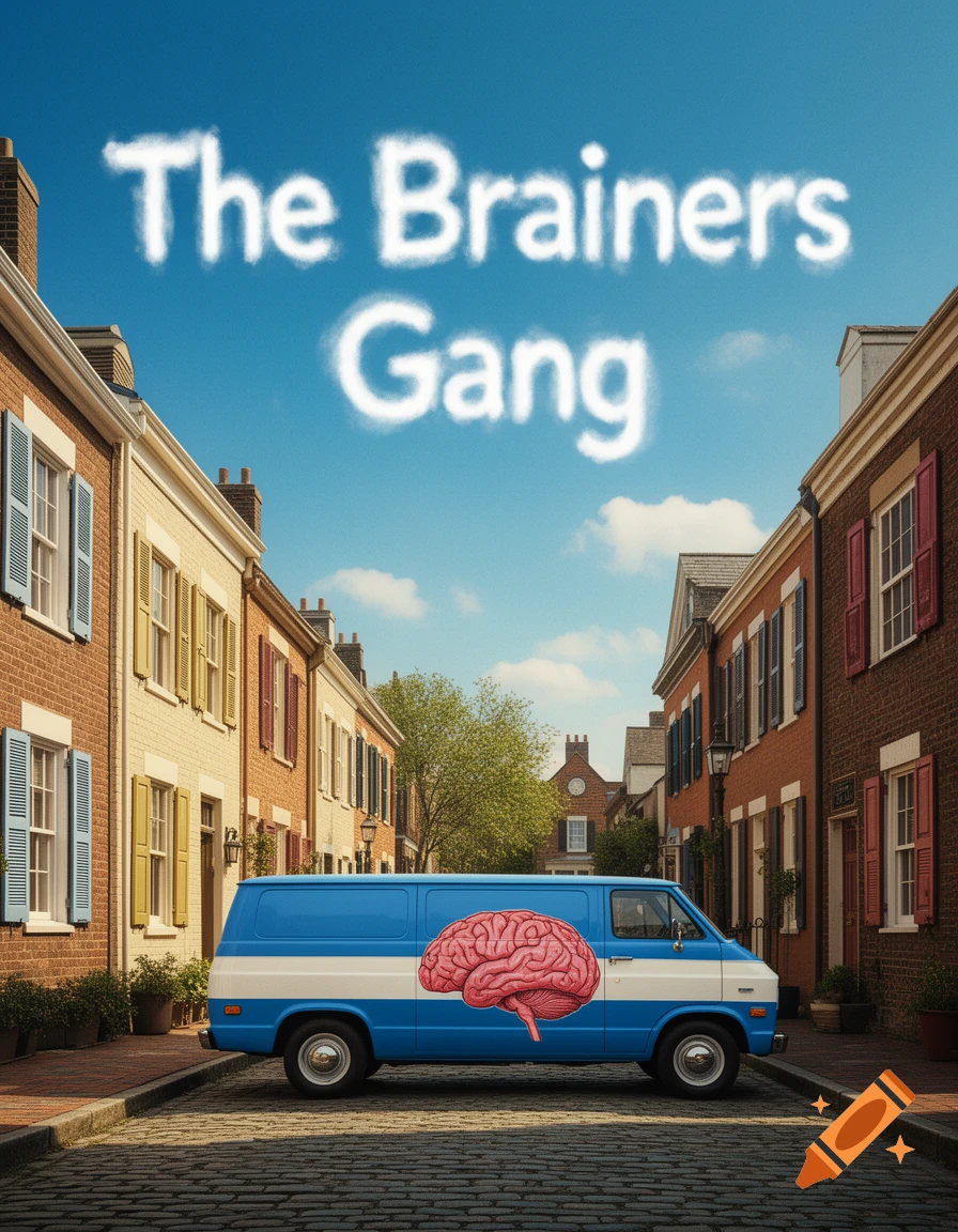 A blue and white van with a brain graphic parked on a cobblestone street in front of townhouses, with 'The Brainers Gang' cloud text in the sky.