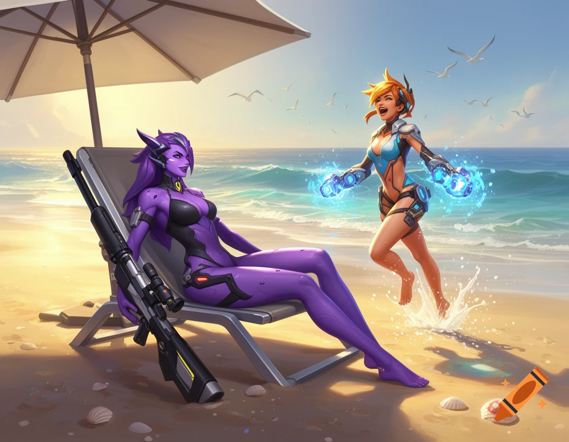 Two stylized female video game characters on a sunny beach; one in purple with a rifle on a chair, another in blue running in the waves.