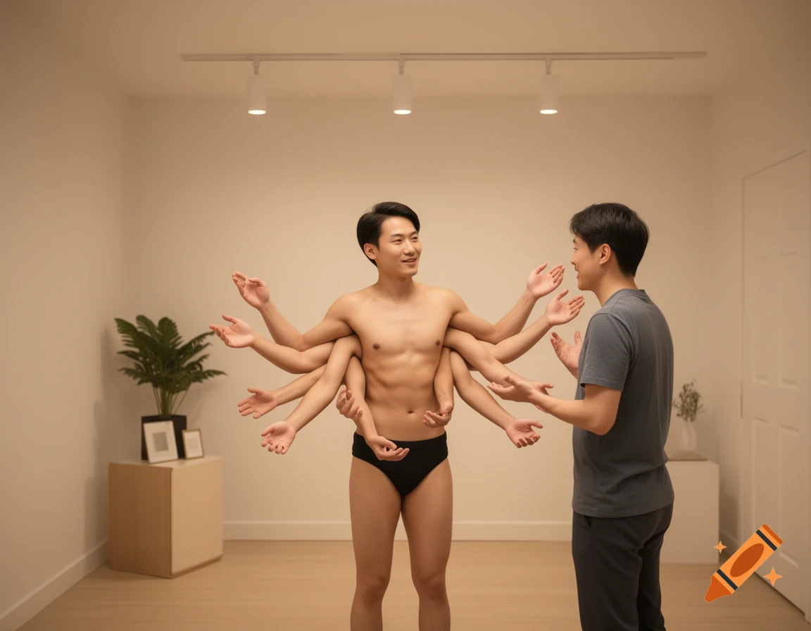 A multilimbed Asian man in black briefs stands facing another Asian man in a grey t-shirt, who gestures with open hands in a brightly lit room.