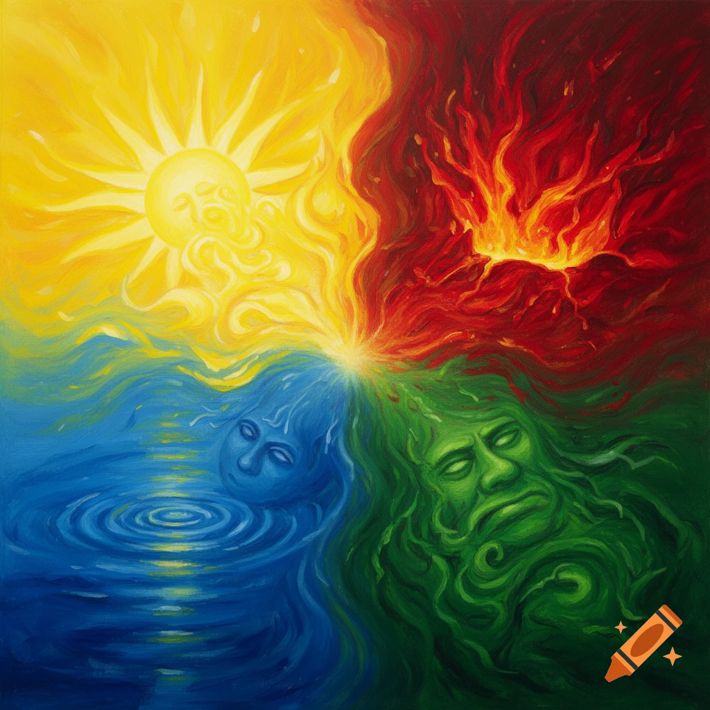 A vibrant painting divided into four sections: yellow with a smiling sun, red with fiery faces, blue with a sad face in water, and green with a disgusted face in foliage.