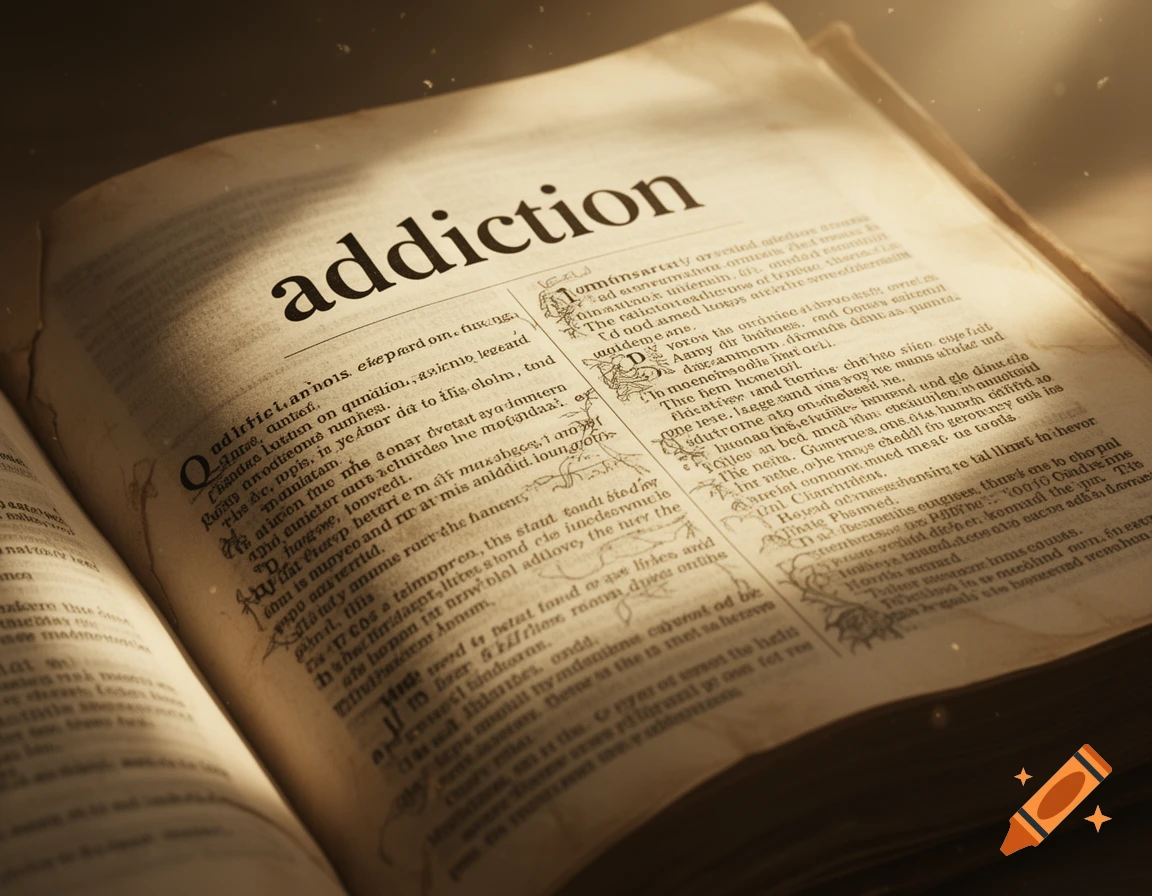 Close-up of an old, open dictionary page with the word "addiction" highlighted, surrounded by illegible, decorative text in warm light.