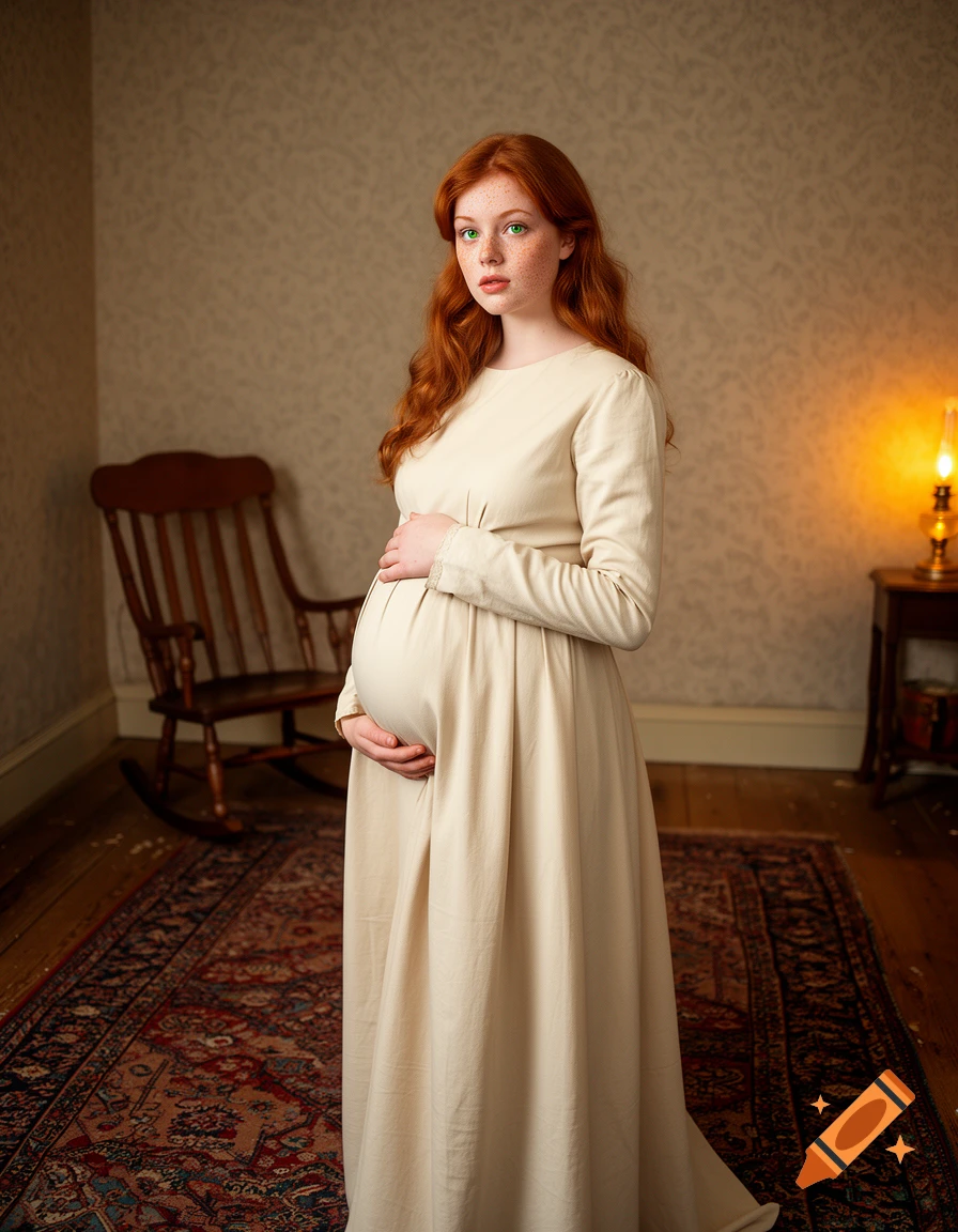 A photorealistic portrait of a pregnant woman with red hair and freckles, wearing a cream dress, holding her belly in an old-fashioned room.