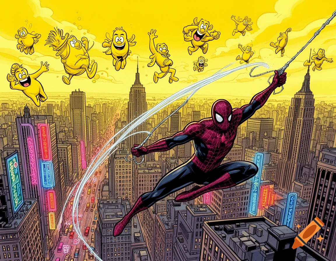 Spider-Man swings through a New York-style city as cartoonish yellow characters float in the bright yellow sky, comic art style.
