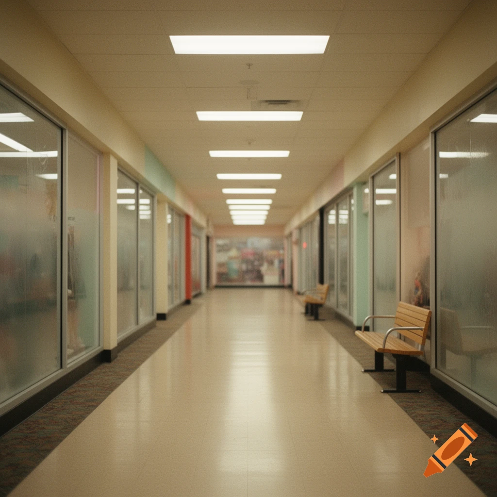 An empty, brightly lit hallway with frosted storefronts and benches, evoking a liminal space aesthetic.
