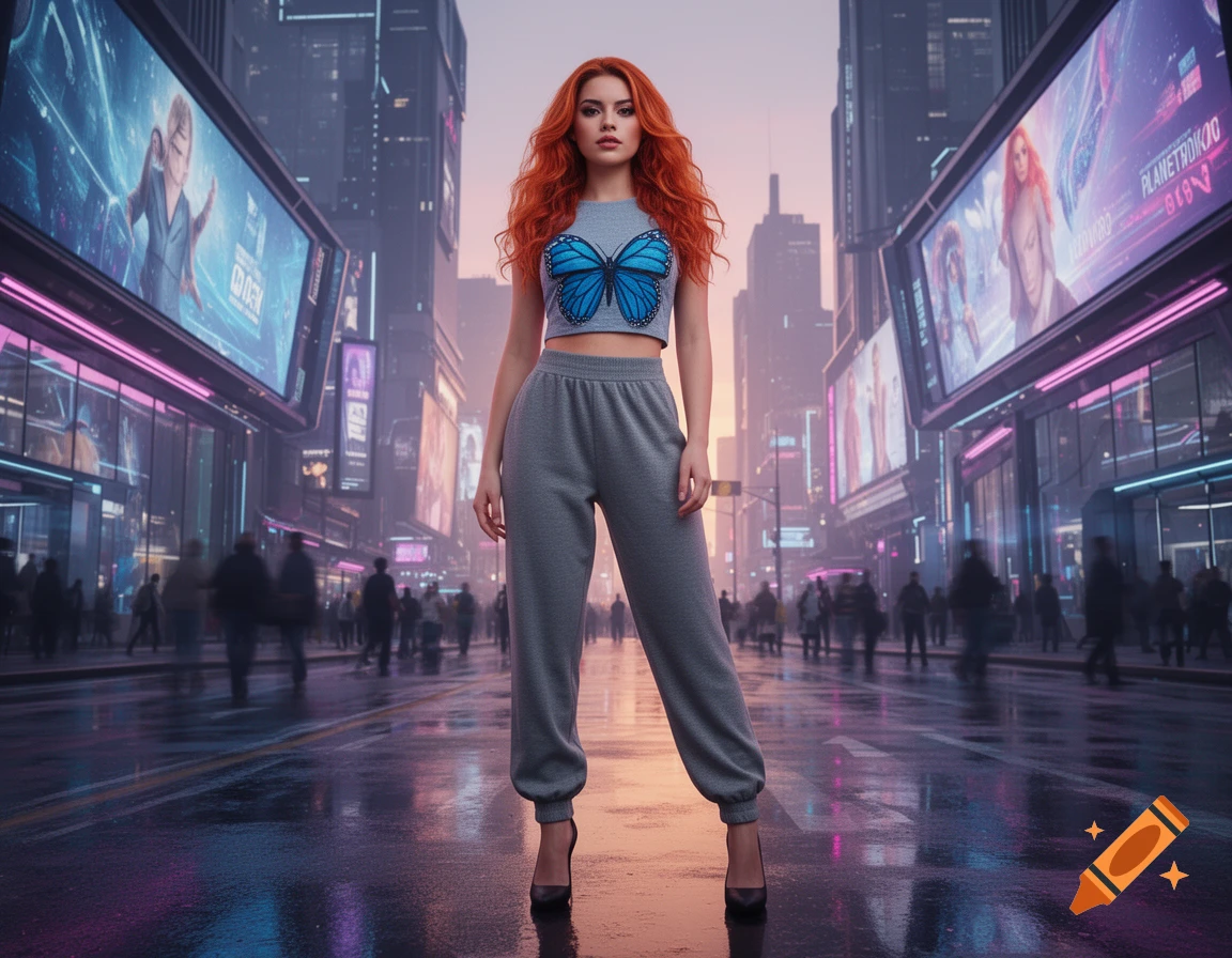 Red-haired woman in a butterfly crop top and grey baggy pants standing on a wet street in a futuristic city with glowing billboards.