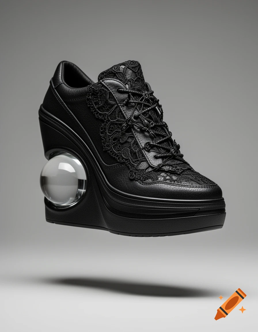 A black gothic lace sneaker wedge heel with a high platform and a clear glass sphere embedded in the heel, floating against a grey background.