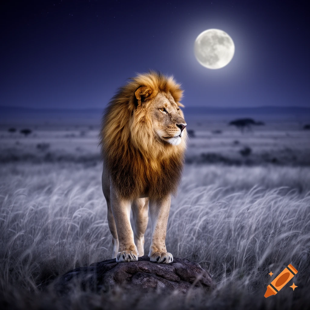 A majestic, photorealistic lion stands proudly on a rock in a dark savannah under a bright full moon.