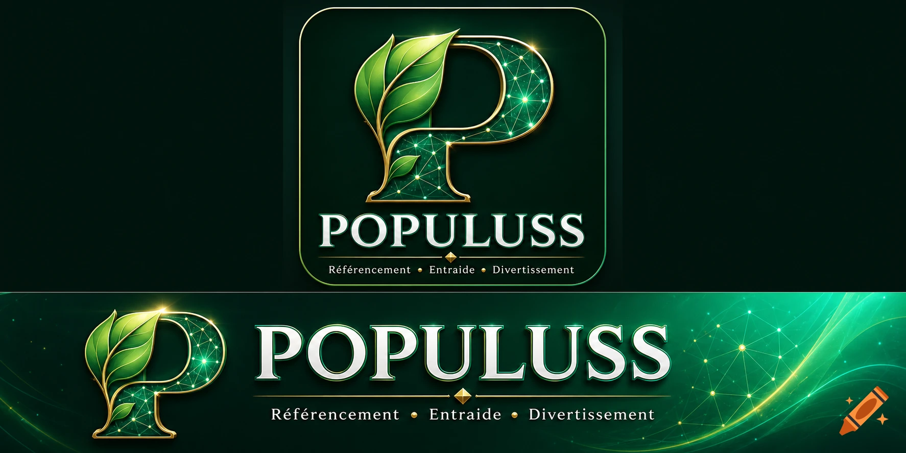 Professional logo and banner with a golden 'P' intertwined with green leaves and glowing network, with 'POPULUSS' text and slogan on a dark green background.