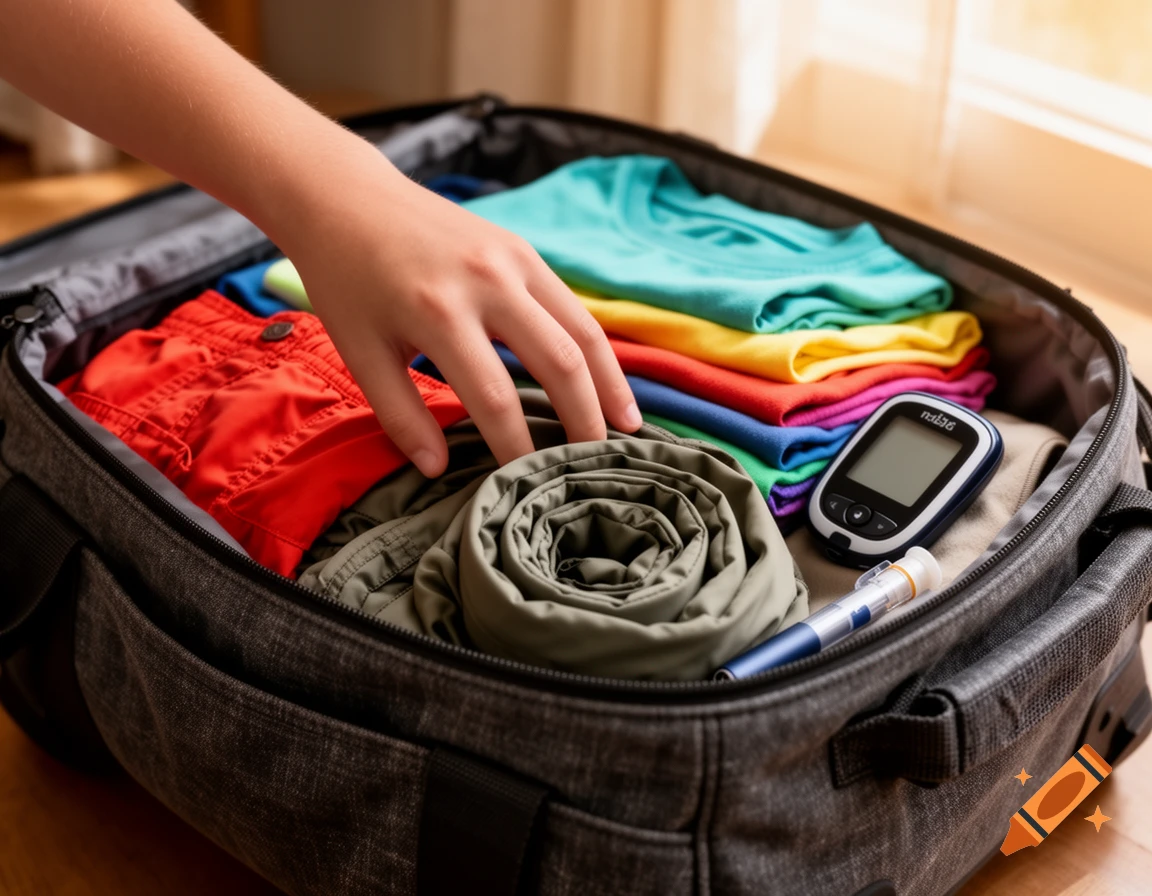 A child's hand packs a gray suitcase with colorful clothes, a rolled blanket, a glucose meter, and an insulin pen.