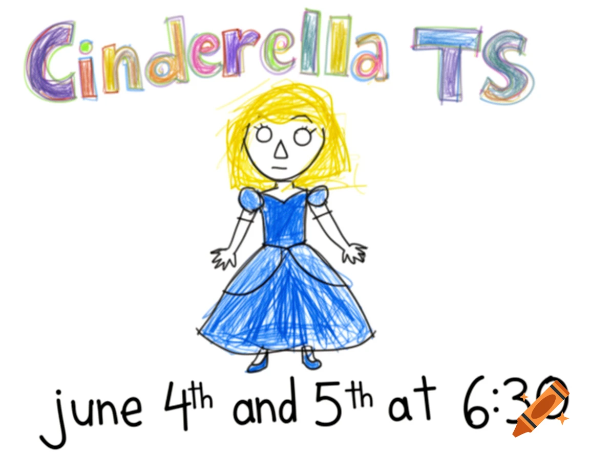A crude, childlike drawing of Cinderella in a blue dress with yellow hair, with text 'Cinderella TS June 4th and 5th at 6:30'.
