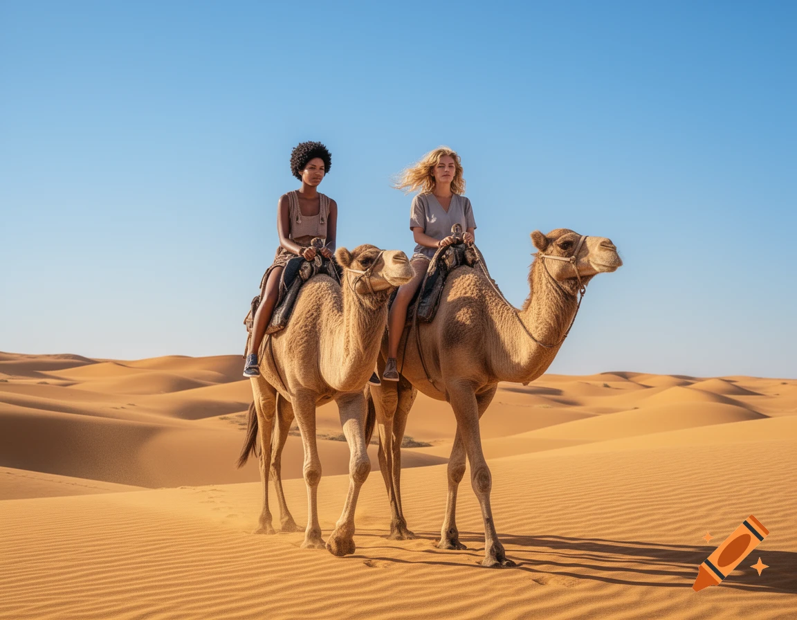 Two women ride camels across a vast sand desert under a clear blue sky.