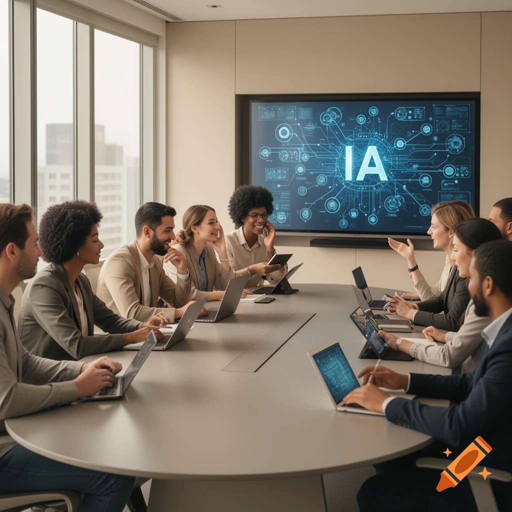 A diverse group of professionals in a modern conference room, looking at a large screen displaying 'IA' (AI) and network diagrams.