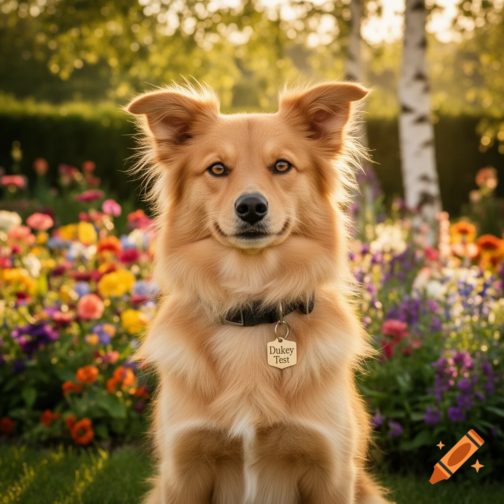 A golden retriever mix dog with a tag reading "Dukey Test" sits in a vibrant flower garden during golden hour.
