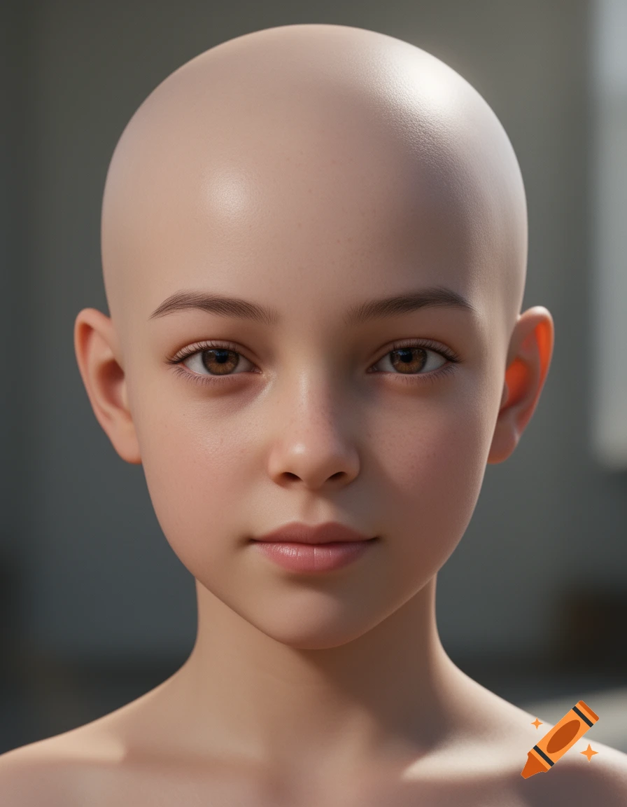 Close-up portrait of a bald young girl with smooth skin and brown eyes looking directly at the viewer in a realistic digital art style.