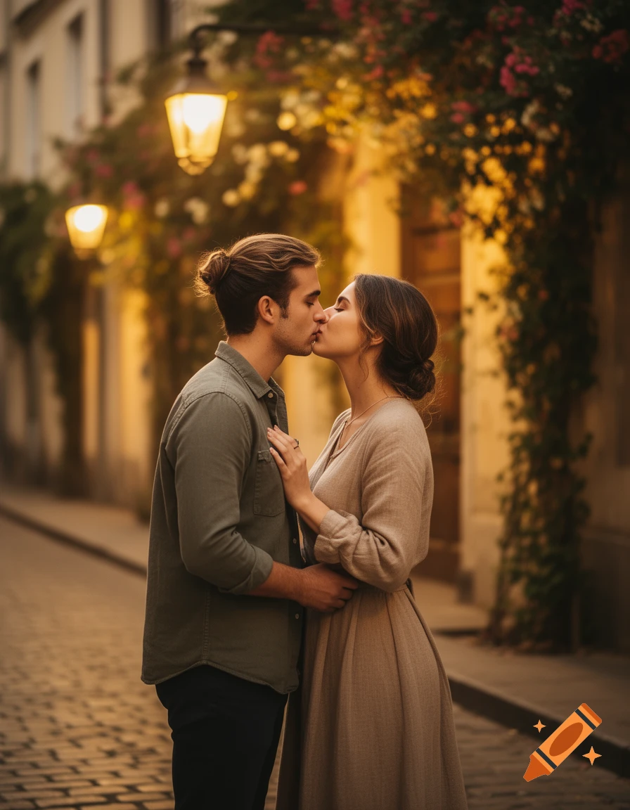 A romantic couple kisses on a cobblestone street at dusk, illuminated by glowing lanterns and flowering vines.