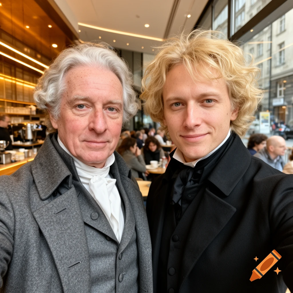 Two men in historical attire, one older with grey hair and one younger with blonde hair, take a selfie in a modern cafe.