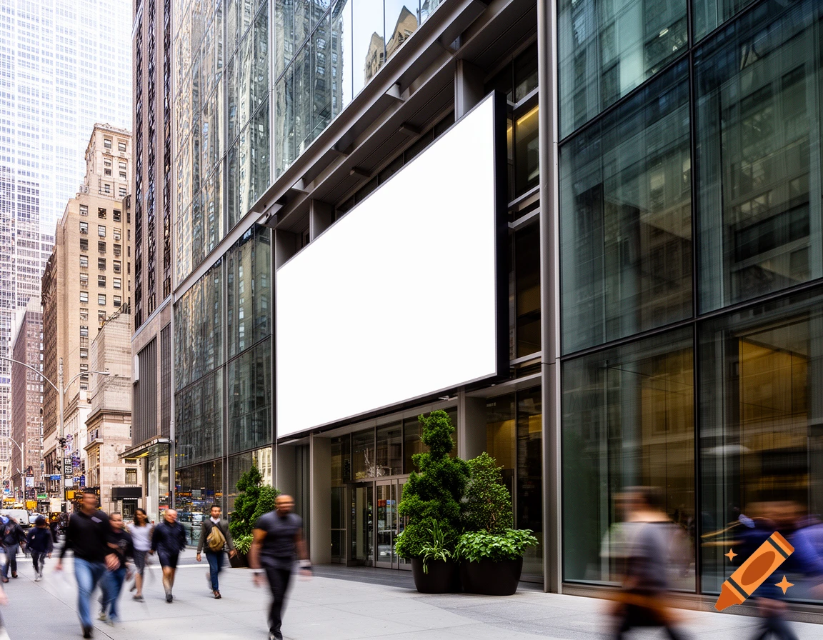 Photorealistic image of a modern city building with a blank white sign on its facade overlooking a busy street.