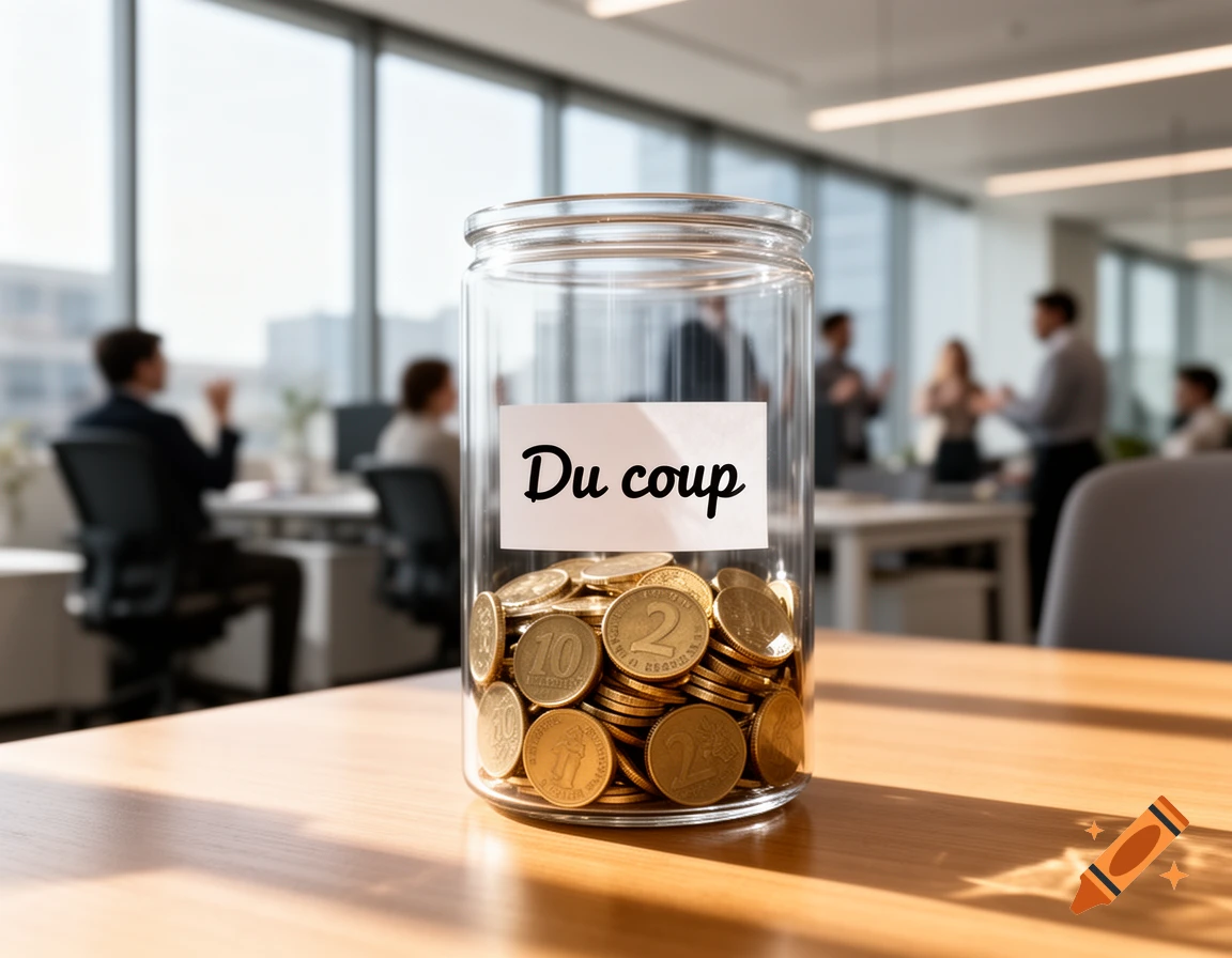 A glass jar labeled "Du coup" filled with gold coins sits on a wooden desk in a blurred office background.