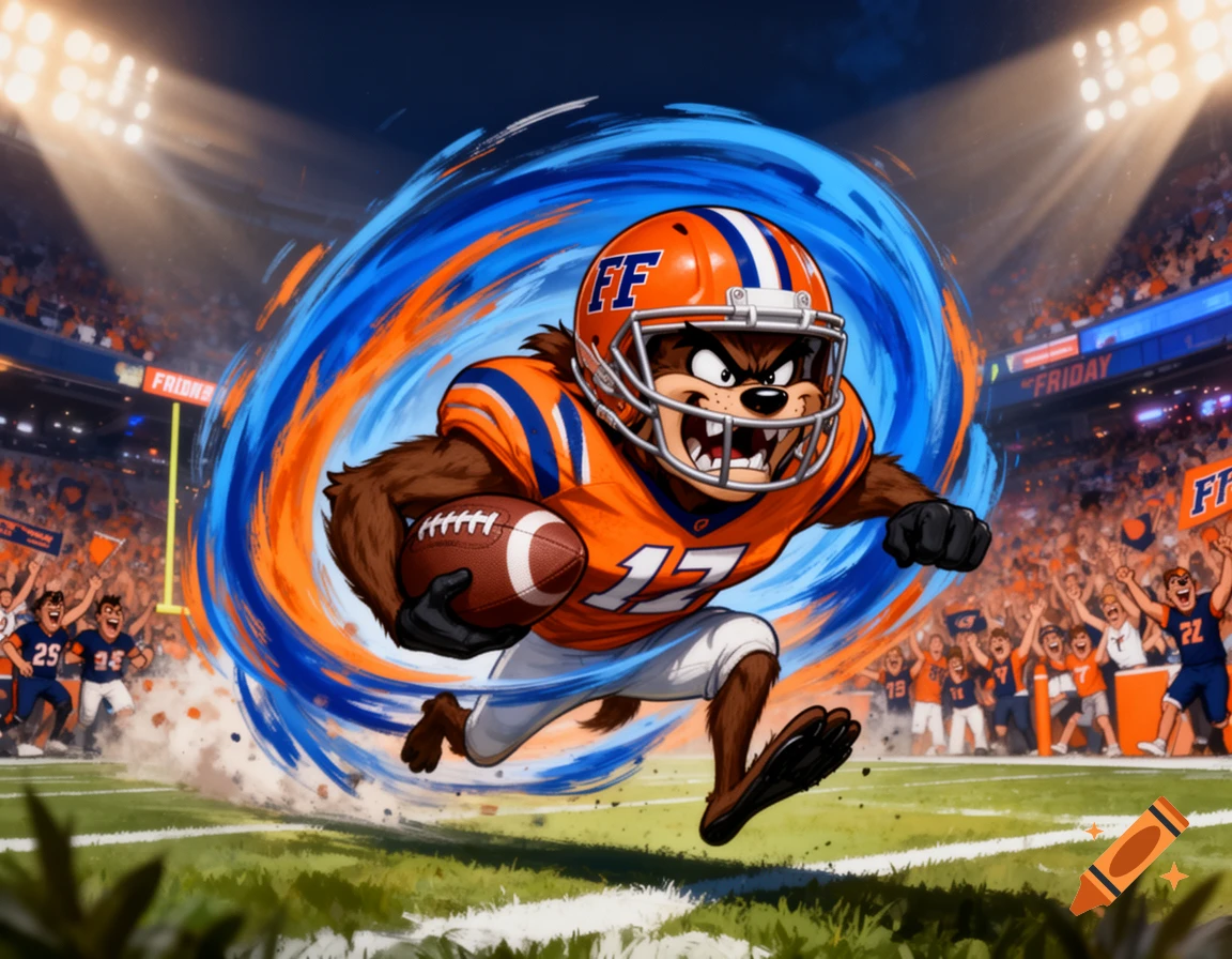 Cartoon Taz the Tasmanian Devil in a football uniform running with the ball on a field in a stadium with cheering fans.
