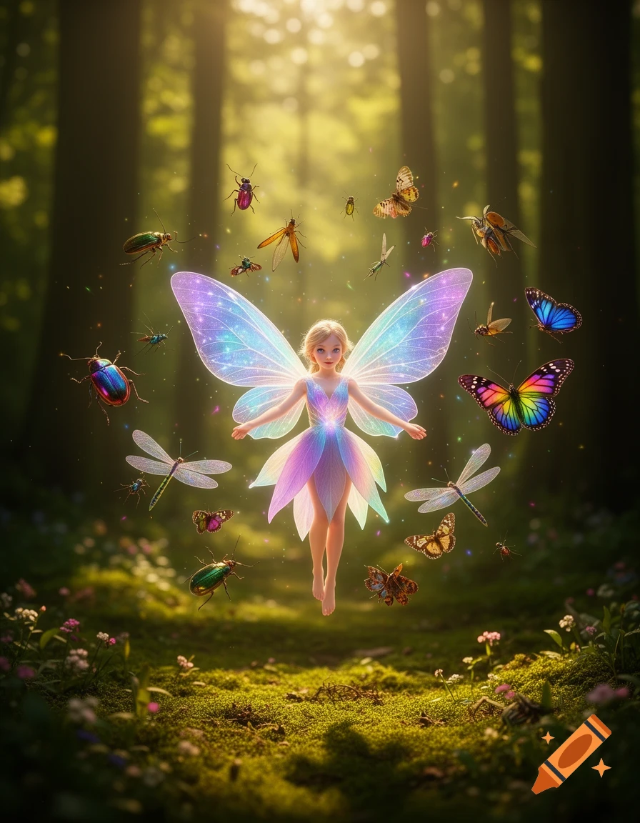 A glowing fairy with iridescent wings floats in a sunlit forest, surrounded by colorful butterflies and insects.