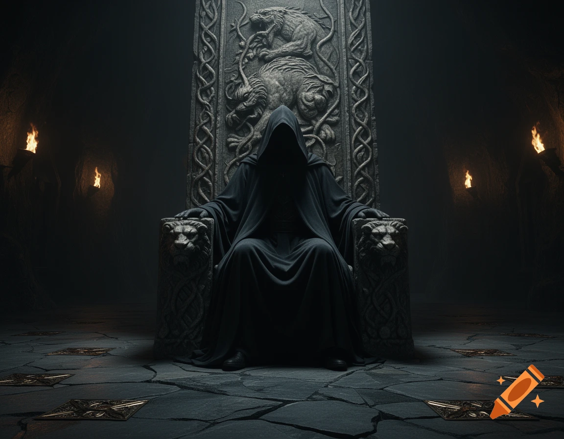 A dark hooded figure sits on an ornate stone throne adorned with carvings, lit by torches in a shadowy chamber.