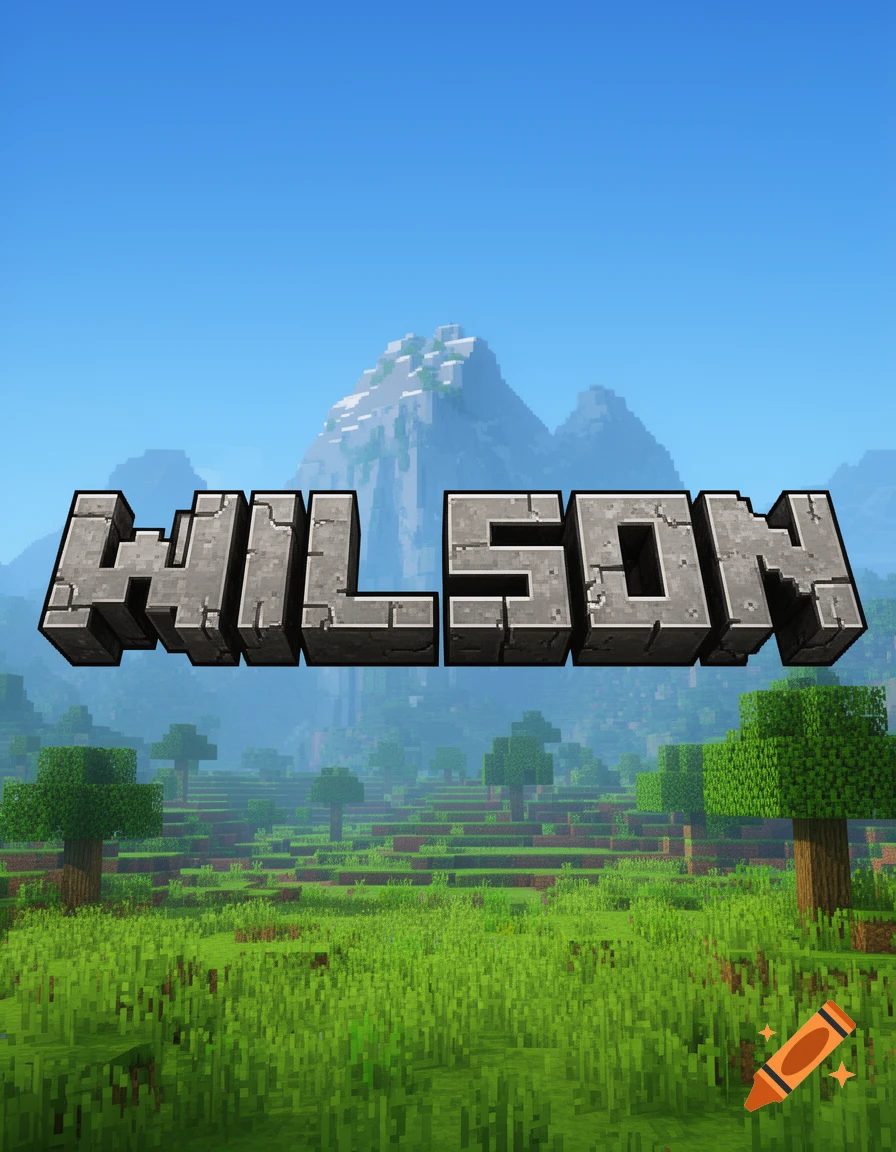 The word 'WILSON' in blocky Minecraft letters floats over a vibrant green Minecraft landscape with mountains.